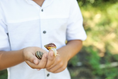 Photo of Boy playing with cute snails outdoors, closeup. Child spending time in nature