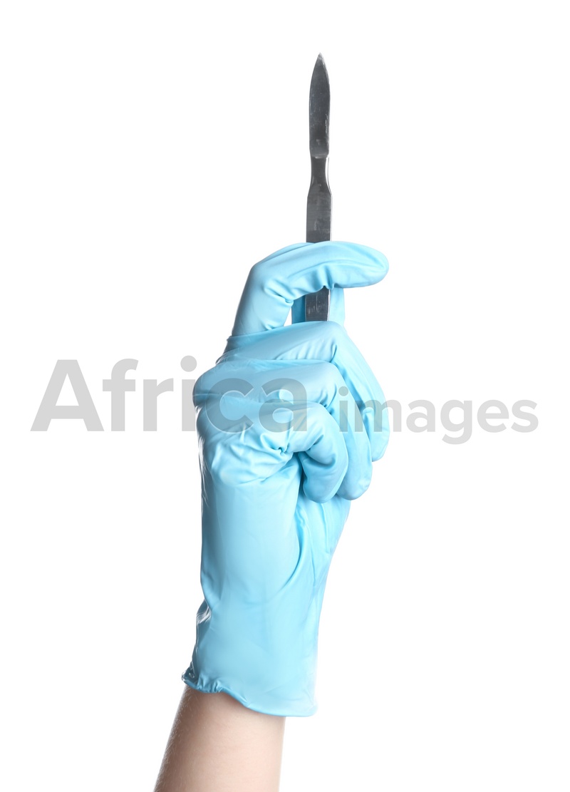 Doctor in medical glove holding surgical scalpel on white background