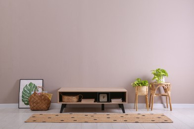 Elegant room interior with wooden cabinet and beautiful houseplants near beige wall. Space for text