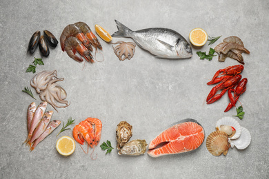Fresh fish and seafood on light grey table, flat lay. Space for text