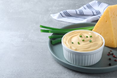 Tasty cheese sauce with green onion and peppercorns on light grey table, space for text