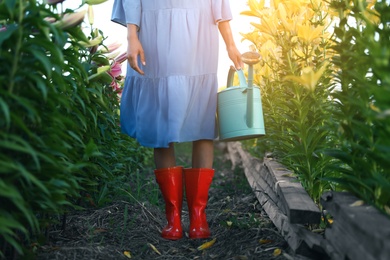 Photo of Young woman in rubber boots with watering can at lily field, closeup. Flower gardening