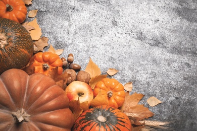 Flat lay composition with pumpkins and autumn leaves on grey table, space for text. Thanksgiving Day