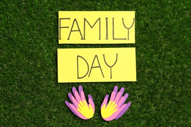 Cards with text Family Day and paper palms on green grass, flat lay