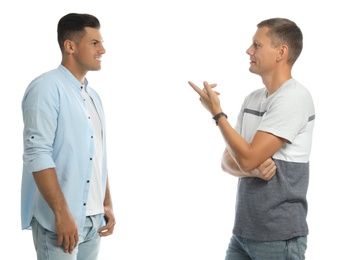 Men in casual clothes talking on white background
