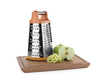 Stainless steel grater and fresh apples on white background