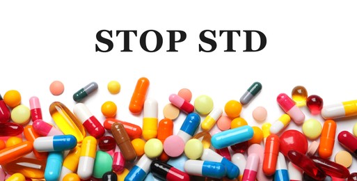 Different pills and text STOP STD on white background, top view. Banner design