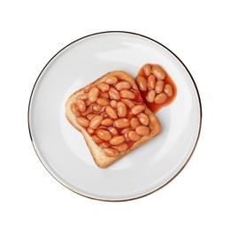 Toast with delicious canned beans isolated on white, top view