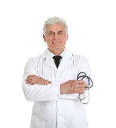 Portrait of male doctor with stethoscope isolated on white. Medical staff