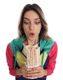 Photo of Emotional woman with delicious shawarma on white background