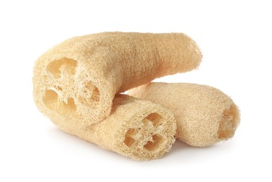 Group of natural loofah sponges isolated on white