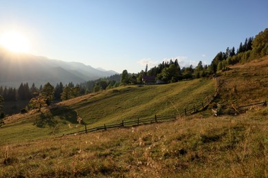 Morning sun shining over pasture in mountains