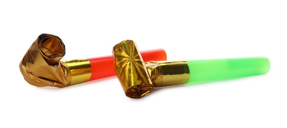 Bright party blowers on white background. Festive items