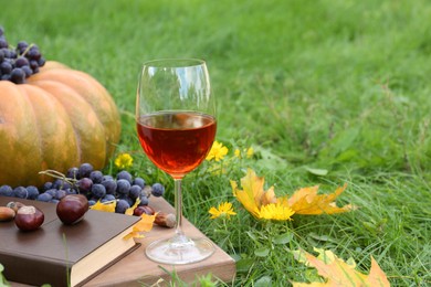 Photo of Glass of wine, book and chestnuts on wooden board outdoors, space for text. Autumn picnic