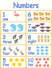 Learning numbers. Educational cards with different illustrations for kids