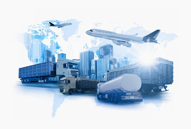 Image of Logistics concept. Multiple exposure of different transports and world map, toned in blue 