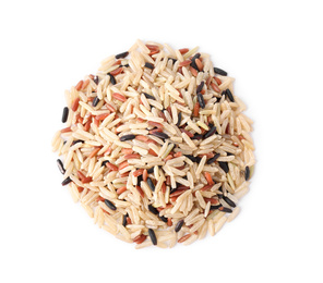 Different sorts of brown rice isolated on white, top view