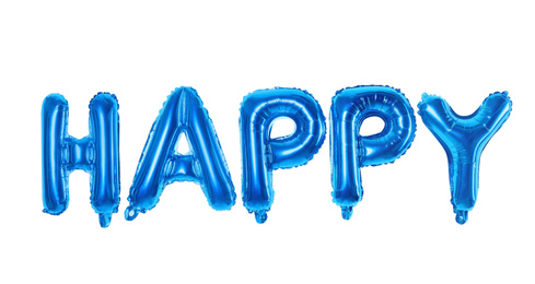 Word HAPPY made of blue foil balloons letters on white background