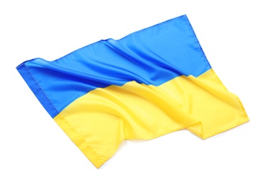 National flag of Ukraine isolated on white, top view