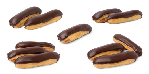 Image of Tasty eclairs covered with chocolate on white background, collage design