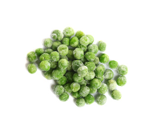 Pile of frozen peas isolated on white, top view. Vegetable preservation