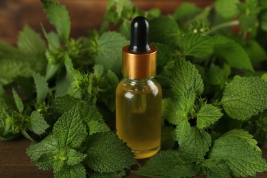 Glass bottle of nettle oil with dropper and leaves on wooden table