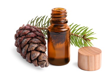 Photo of Bottle of pine essential oil, tree branch and cone on white background