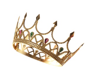 Photo of Beautiful golden crown on white background. Fantasy item