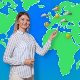 Image of Beautiful woman near virtual screen with map that demonstrating weather forecast in different regions