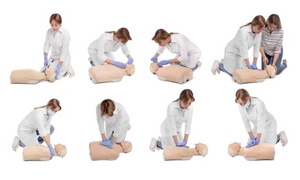 Doctor practicing first aid on mannequin against white background, collage