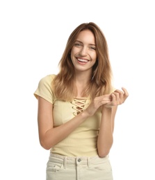 Photo of Young woman in casual clothes talking on white background