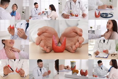 Prevention thyroid diseases. Collage with different photos of doctor and patient