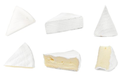 Set with tasty brie cheese on white background