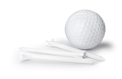 Golf ball and tees on white background. Sport equipment