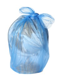 Globe in blue plastic bag isolated on white. Environmental protection concept