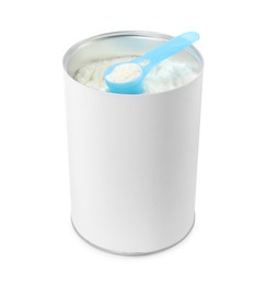 Blank can of powdered infant formula with scoop isolated on white, mockup for design. Baby milk