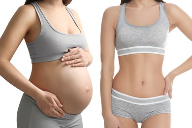 Woman before and after childbirth on white background, closeup view of belly. Collage