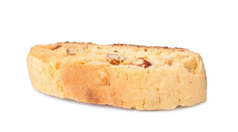 Photo of Slice of tasty cantucci with pistachio isolated on white. Traditional Italian almond biscuits