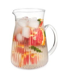 Delicious refreshing drink with sicilian orange, fresh mint and ice cubes in jug isolated on white