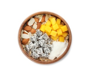 Bowl of granola with pitahaya, mango, almonds and yogurt isolated on white, top view