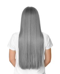 Woman with gray hair on white background, back view