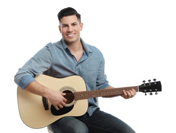 Man with guitar on white background. Music teacher
