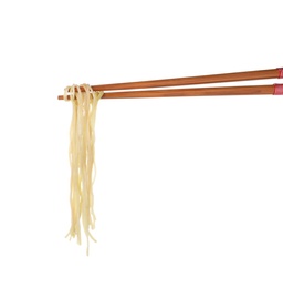 Photo of Chopsticks with tasty cooked Asian noodles isolated on white