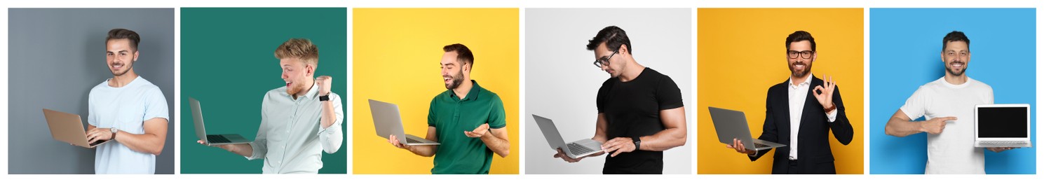 Collage with photos of men holding modern laptops on different color backgrounds. Banner design