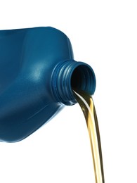 Pouring motor oil from blue container on white background, closeup