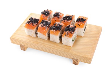 Delicious sushi rolls with salmon and wasabi on white background