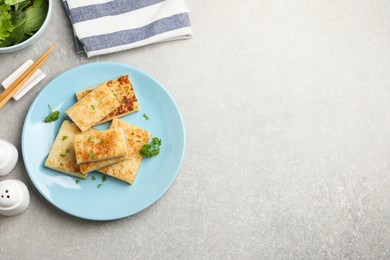 Photo of Delicious turnip cake with parsley served on grey table, flat lay. Space for text