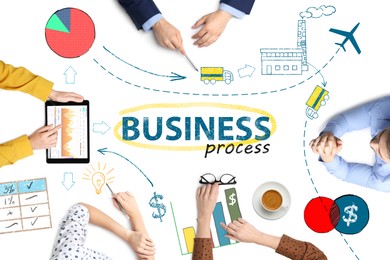Discussing business process. People and different illustrations on white background, top view