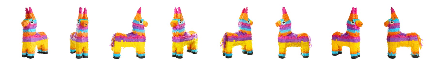 Image of Set with funny pinatas on white background. Banner design