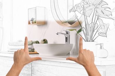Man showing frame gesture and making bathroom real out of drawing